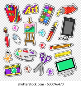 Art Tools Doodle. Painting Stickers With Paints, Digital Graphic Device And Photo Camera. Vector Illustration