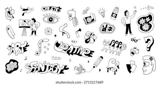Art tools doodles , funny creative sign and symbol drawings vector collection