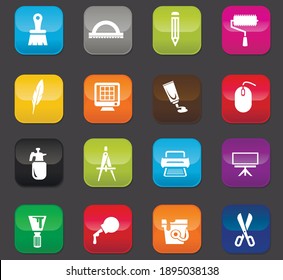 Art tools easy flat web icons for user interface design. Colored buttons on a dark background