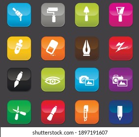Art tools easy flat web icons for user interface design. Colored buttons on a dark background