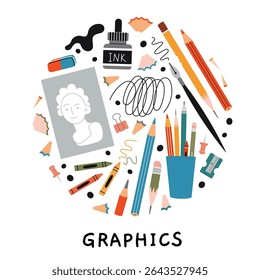 Art tools for graphic drawing like pencils, ink, crayons and eraser. Tools for traditional art, sketch lines and creative hobby projects. Trendy modern vector illustration, hand drawn flat design