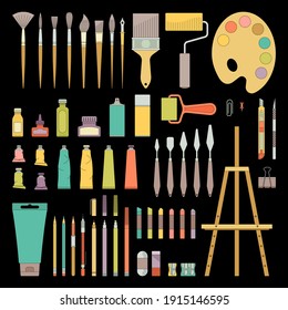Art tools for home hobbies and school. Color isolated icon set. Flat vector illustration.