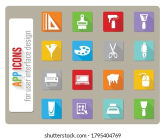 art tools icons set in flat design with long shadow