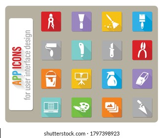herramientas de arte iconos ajustados en diseño plano con sombra larga