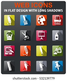 art tools icons set in flat design with long shadow