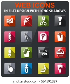 art tools icons set in flat design with long shadow