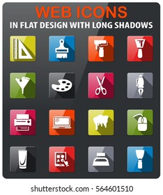 art tools icons set in flat design with long shadow