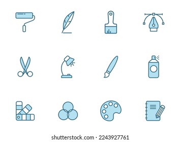 iconos de línea de herramientas de arte en dos colores aislados en fondo blanco. herramientas de arte conjunto de iconos azules para diseño web, ui, aplicaciones móviles, poligrafía de impresión y negocio de promoción