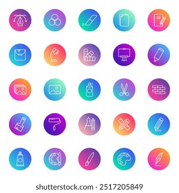 Iconos del vector de la línea de las herramientas del arte en rondas del gradiente del color aisladas en el fondo blanco. Conjunto de iconos de contorno de herramientas de arte para Web y diseño ui