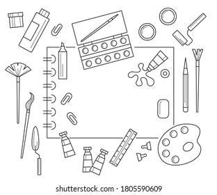 Herramientas de arte y materiales Estilo Lineal Negro Incluye Paleta, Pincel y Lápiz. Ilustración vectorial de Lineart