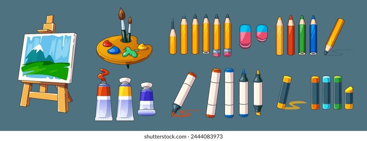 Art tools and materials collection with painting canvas on easel, palette with brushes and paint stains, pencils and markers, tubes with acryl and pastel crayon. Cartoon vector artist equipment.