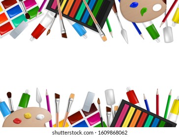 Art tools and materials frame, vector illustration. Realistic painting and drawing supplies artist palette, paintbrushes, paint tubes, knives and pencils, watercolor, copy space.