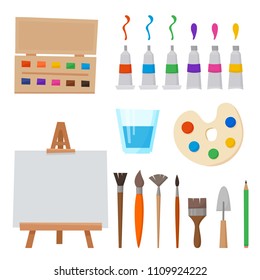 Art tools and materials for painting and creature for artist. Paint tubes, palette, canvas and brush. Flat cartoon style vector illustration.