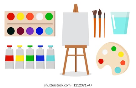 Art tools and materials for painting and creature for artist. Paint tubes, palette, canvas and brush. Flat cartoon style vector illustration.