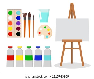 Art tools and materials for painting and creature for artist. Paint tubes, palette, canvas and brush. Flat cartoon style vector illustration.