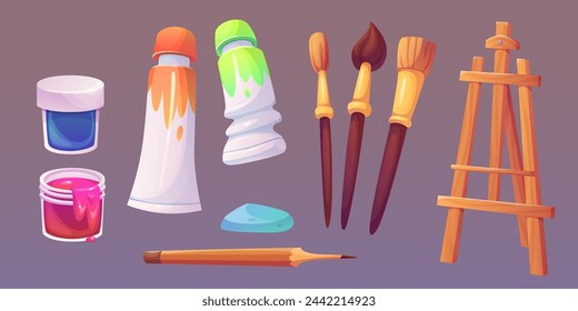 Art tools and materials for painting hobby and artist school concept. Cartoon vector set of creative supplies and accessory - empty wooden easel, brushes and pencil, tube and bottle with paint.