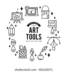 Art tools and materials for painting. Vector illustration in thin flat, linear style.