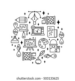 Art tools and materials for painting. Vector illustration in thin flat, linear style.