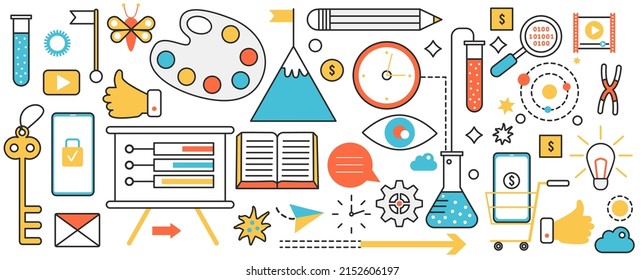 Art tools and materials for work of artist in studio, master class or workshop. Artistic palette, creation board and pencil to create artwork in infographic concept banner, thin line art design