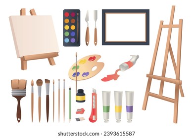 Art tools mega set in flat design. Bundle elements of painting canvas, watercolor or acrylic paints, spatulas, easel, palette, brushes, pencils and other. Vector illustration isolated graphic objects