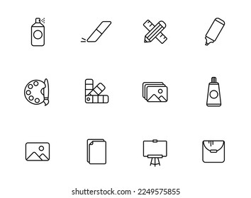 art tools outline icons isolated on white background. art tools line icons for web and ui design, mobile apps, print polygraphy and promo advertising business