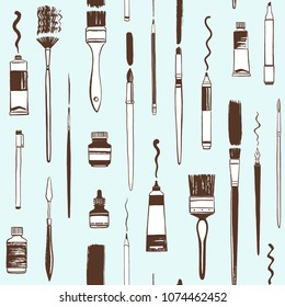 Art tools, painter equipment seamless vector pattern. Hand drawn illustration of fan, flat, watercolor brushes with strokes, nib pen, ink bottle, gouache jar, oil or acrylic tube, crayon, pencil