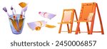 Art tools for painting studio and school concept. Cartoon vector illustration set of artist equipment and stuff - wooden easel with paper for drawing, paint in tube, pencil, spatula and brush in glass