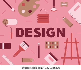 Art tools are a pattern of decorated postcard concept. flat design style vector graphic illustration.