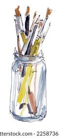 Art tools pen brush jam jar pot sketch illustration vector.