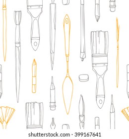Art tools: pencil, brush, pen, spatula, coal, eraser. Seamless pattern  with 
