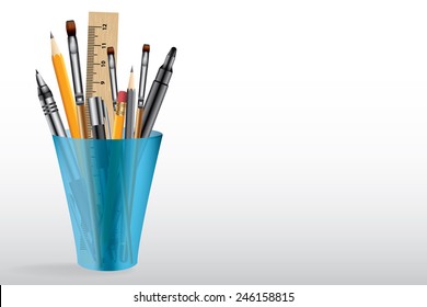 Art tools in plastic cup, vector background