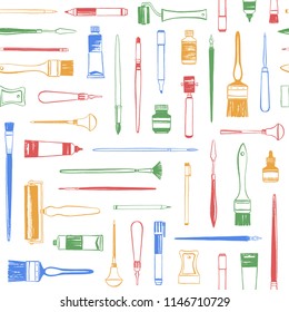 Art tools, printmaking supplies, painter equipment seamless vector pattern. Flat lay illustration, colorful creative background. Uneven hand drawn brush, pen, marker, roller, cutter, paint tube.