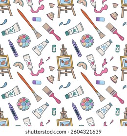 Art tools seamless pattern. Doodle artist supplies background.. Back to school vector illustration