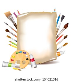 Art tools and sheet of paper vector background