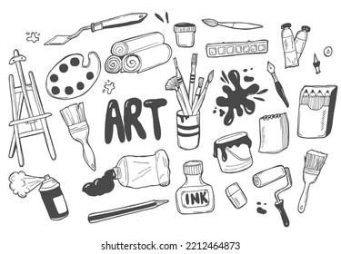 Art tools sketch hand drawn set vector white and black desing. Art background.