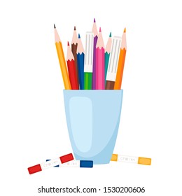 Art tools, stationery. Color pencils and markers stand in glass vector illustration