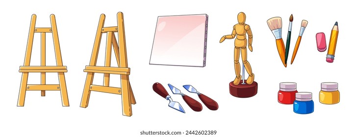 Colección de herramientas y útiles de arte para la escuela de artistas o afición. Vector de dibujos animados conjunto de materiales de pintura - lienzo y caballete, pinceles y espátula, botella con pintura gouache, maniquí de madera y lápiz.