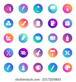 Ferramentas de arte ícones de vetor em arredondamentos de gradiente de cor isolados no fundo branco. Ícones de ferramentas de arte definidos para design da Web e da interface do usuário