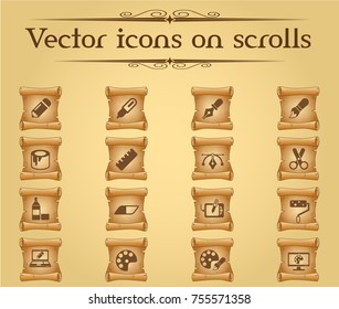 art tools vector icons on scrolls for your creative ideas