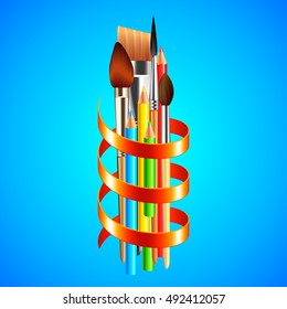 Art tools wrapped with red ribbon on blue background vector