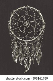 Art of traditional indian dream catcher. Grunge vector illustration. Variation on dark background.