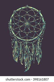 Art of traditional indian dream catcher. Variation with acid colors. Grunge vector illustration.