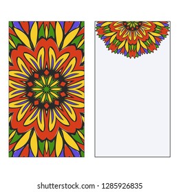 Art traditional, Islam, Arabic, Indian, magazine, elements with mandala. Set of two flyer pages ornament illustration concept. Vector greeting card or invitation layout design. Multicolor.