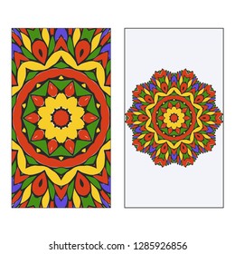 Art traditional, Islam, Arabic, Indian, magazine, elements with mandala. Set of two flyer pages ornament illustration concept. Vector greeting card or invitation layout design. Multicolor.