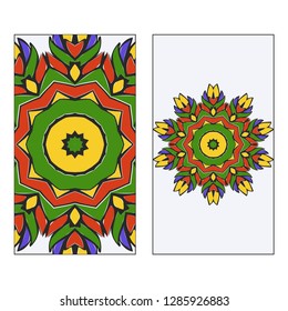 Art traditional, Islam, Arabic, Indian, magazine, elements with mandala. Set of two flyer pages ornament illustration concept. Vector greeting card or invitation layout design. Multicolor.