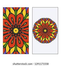 Art traditional, Islam, Arabic, Indian, magazine, elements with mandala. Set of two flyer pages ornament illustration concept. Vector greeting card or invitation layout design. Multicolor.