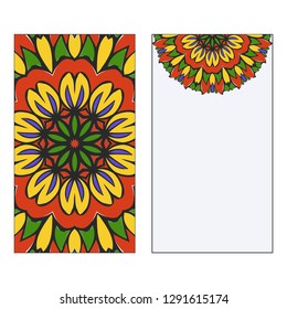 Art traditional, Islam, Arabic, Indian, magazine, elements with mandala. Set of two flyer pages ornament illustration concept. Vector greeting card or invitation layout design. Multicolor.
