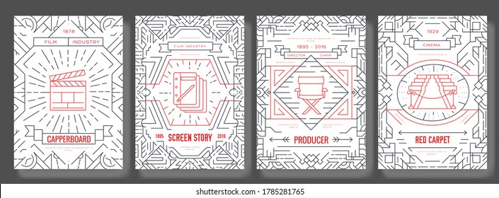  Art traditional, magazine, book, poster, abstract, banners, element. Vector outline package greeting card or invitation design background. Set of thin line cinema vacation pattern concept.