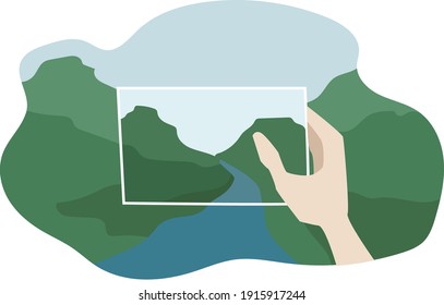 Art travel vector illustration. A hand holds a drawing of nature against the background of mountains and a river. Web flat illustration