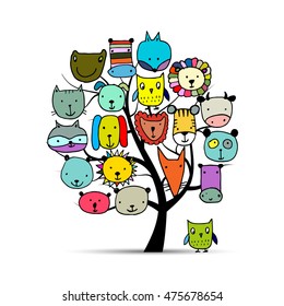 Art tree with animal faces, sketch for your design